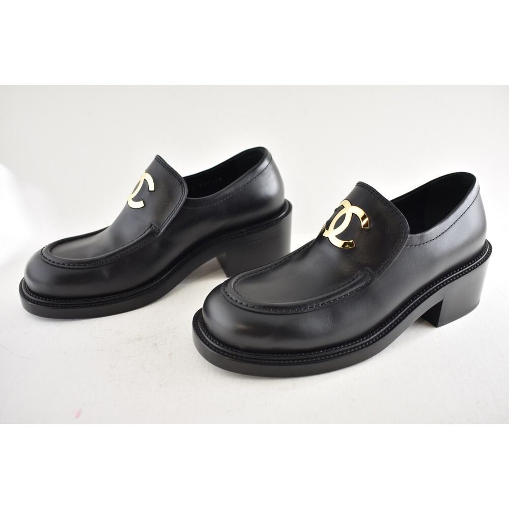 Chanel 55mm Black Calfskin Leather CC Gold Logo Block Heel Platform Loafer 39 - Picture 16 of 16
